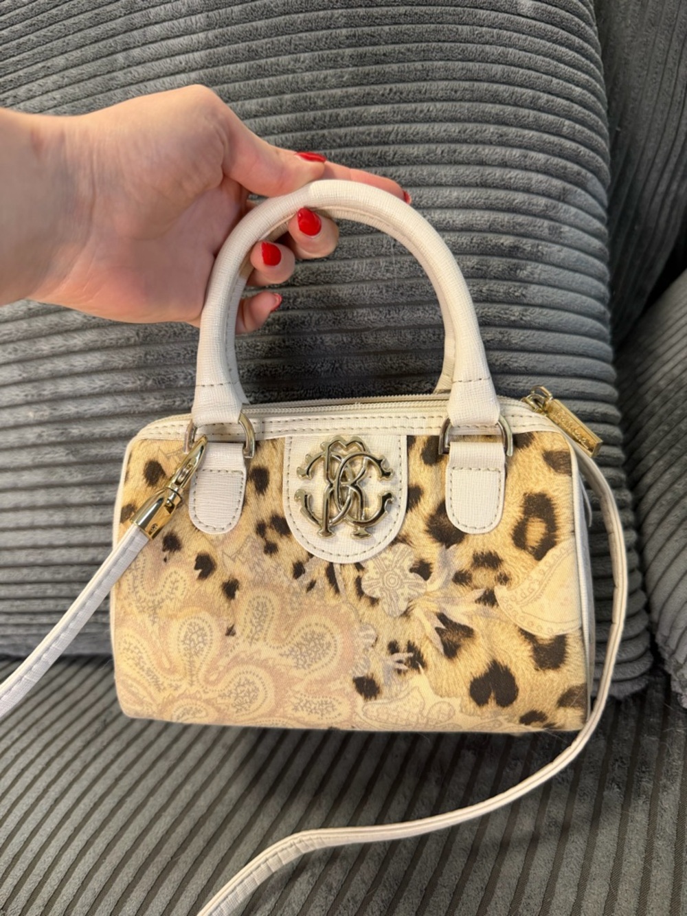 Roberto Cavalli Ivory and Leopard Print Mini Bauletto Handbag with Logo